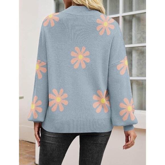 Zeagoo Women's Blue-flower Long Sleeve Pullover Ribbed Knitted Pattern Sweater - Picture 6 of 7